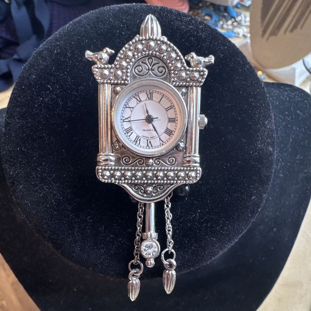 Avon Signed Silver Tone Clock Brooch Pin w/ Clear Crystal Dangle Charms